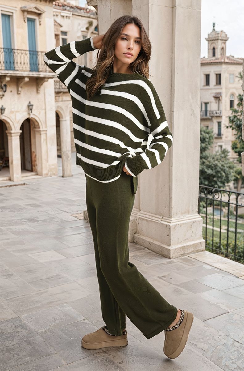 Knitted Striped Long Sleeve Top and  Pants Co-ord Set