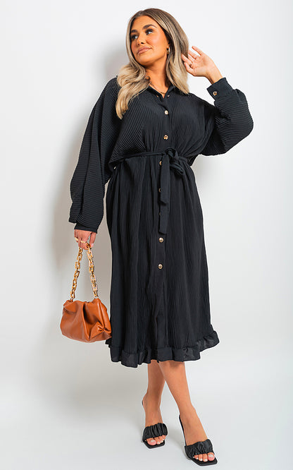 Pleated Frill Button Tie Waist Midi Dress