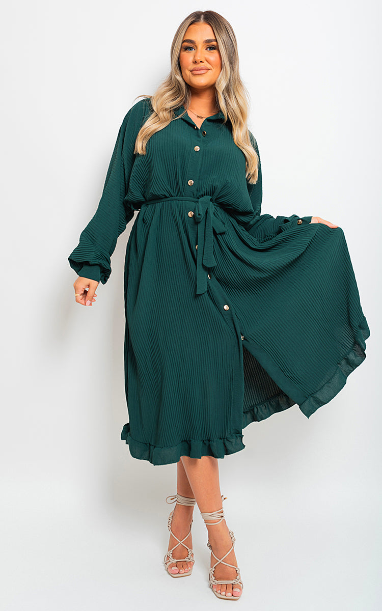 Pleated Frill Button Tie Waist Midi Dress