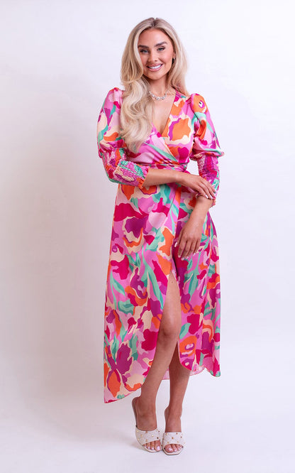 Wrap Front Printed Midi Dress