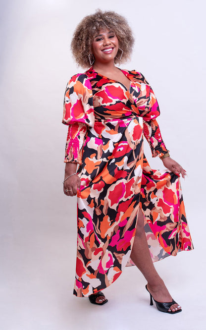 Wrap Front Printed Midi Dress