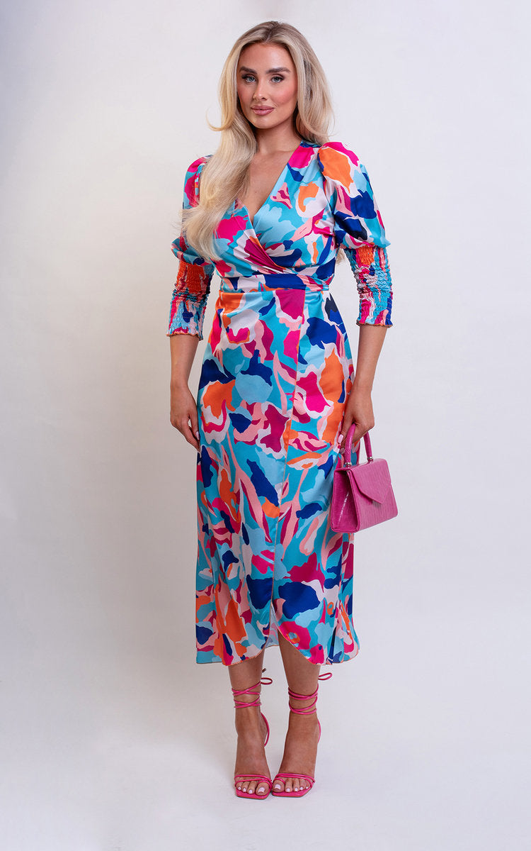 Wrap Front Printed Midi Dress