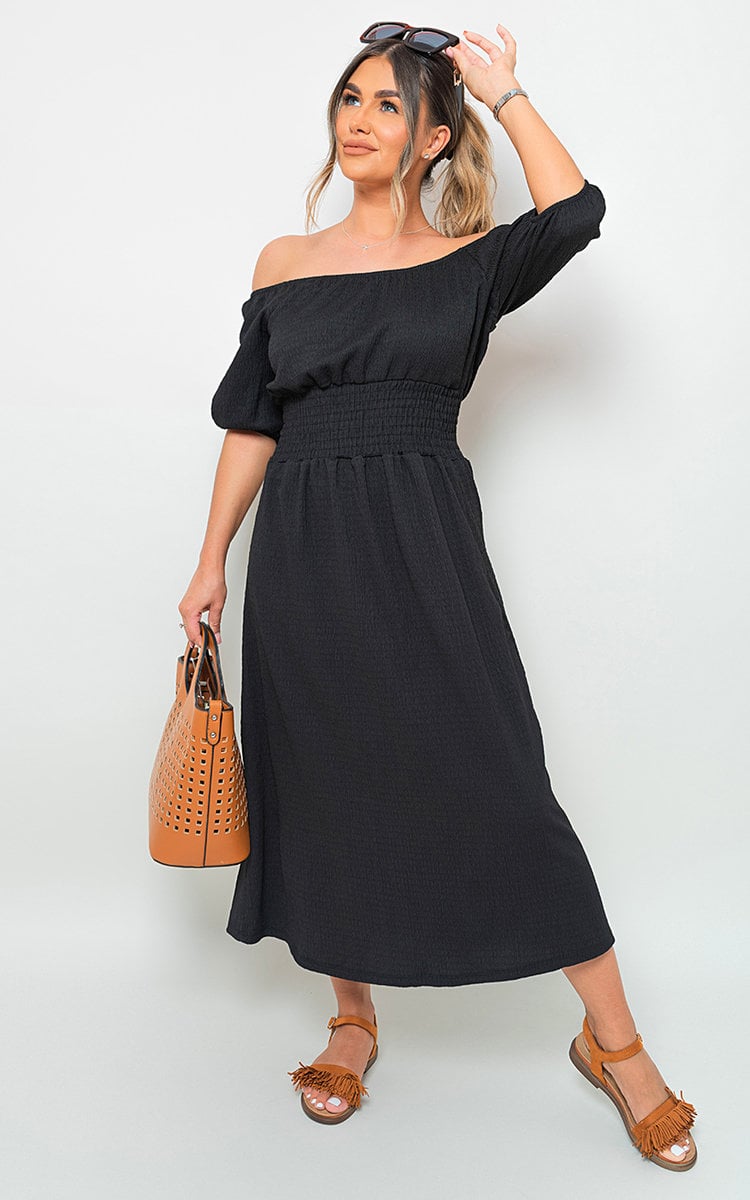 Off Shoulder Shirred Waist Mini Dress