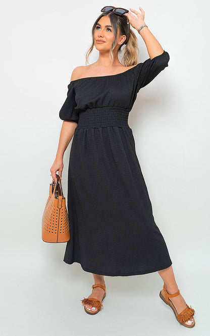 Off Shoulder Shirred Waist Mini Dress