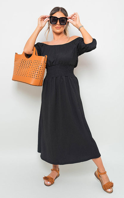 Off Shoulder Shirred Waist Mini Dress