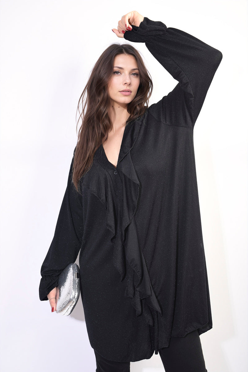 Oversized Satin Ruffle Shirt Dress