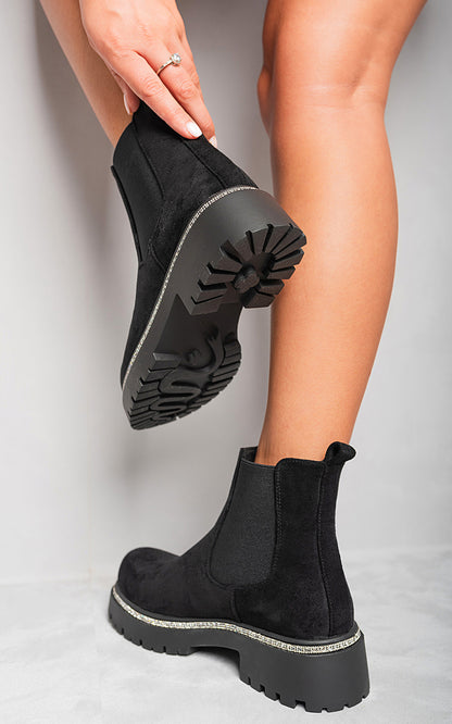 Faux Suede Diamante Chelsea Ankle Boots