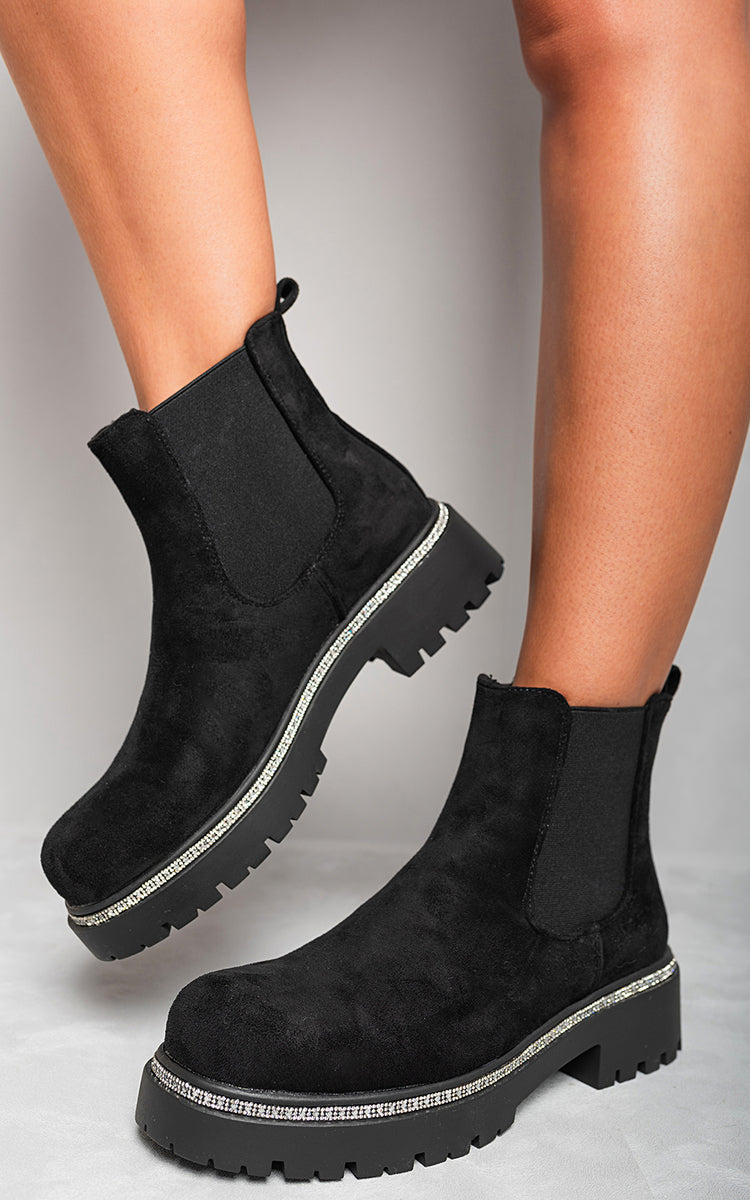 Faux Suede Diamante Chelsea Ankle Boots