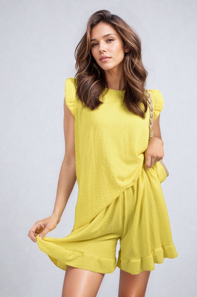 Ruffle Trim Sleeve Top and Shorts Co-ord Set