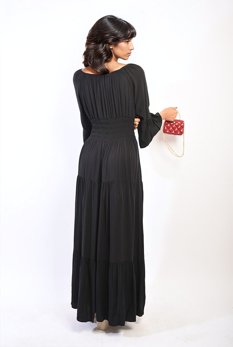 Ruffle Hem Sleeve Shirred Waist Tiered Maxi Dress