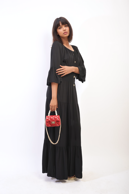 Ruffle Hem Sleeve Shirred Waist Tiered Maxi Dress