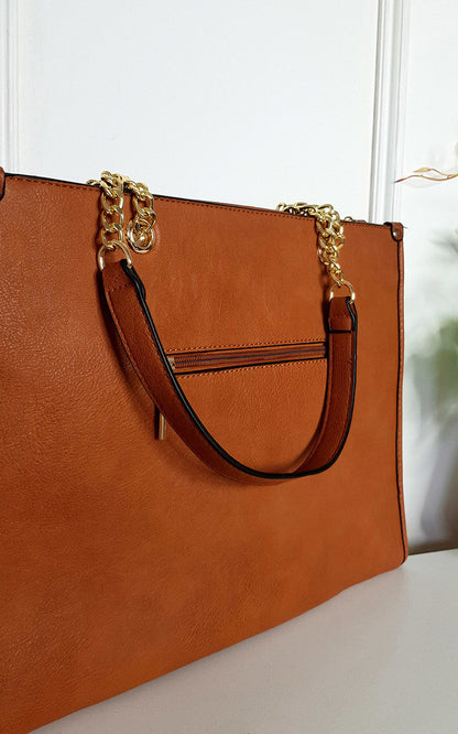 Faux Leather Chain Shoulder Bag with Stripe Detail