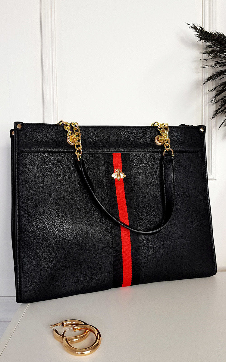 Faux Leather Chain Shoulder Bag with Stripe Detail