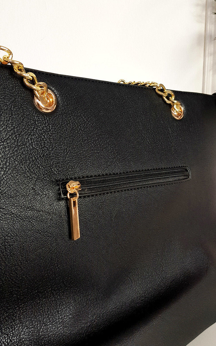 Faux Leather Chain Shoulder Bag with Stripe Detail