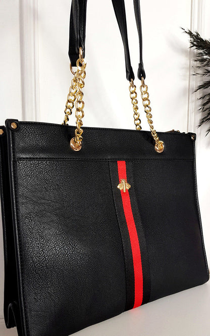 Faux Leather Chain Shoulder Bag with Stripe Detail