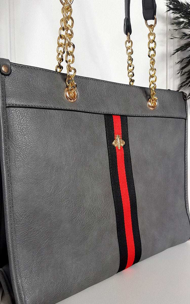 Faux Leather Chain Shoulder Bag with Stripe Detail