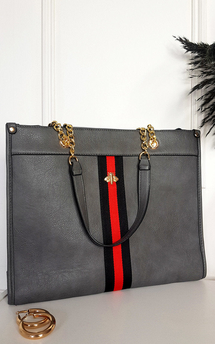 Faux Leather Chain Shoulder Bag with Stripe Detail