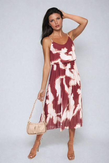 Printed Strappy Pleated Midi Dress