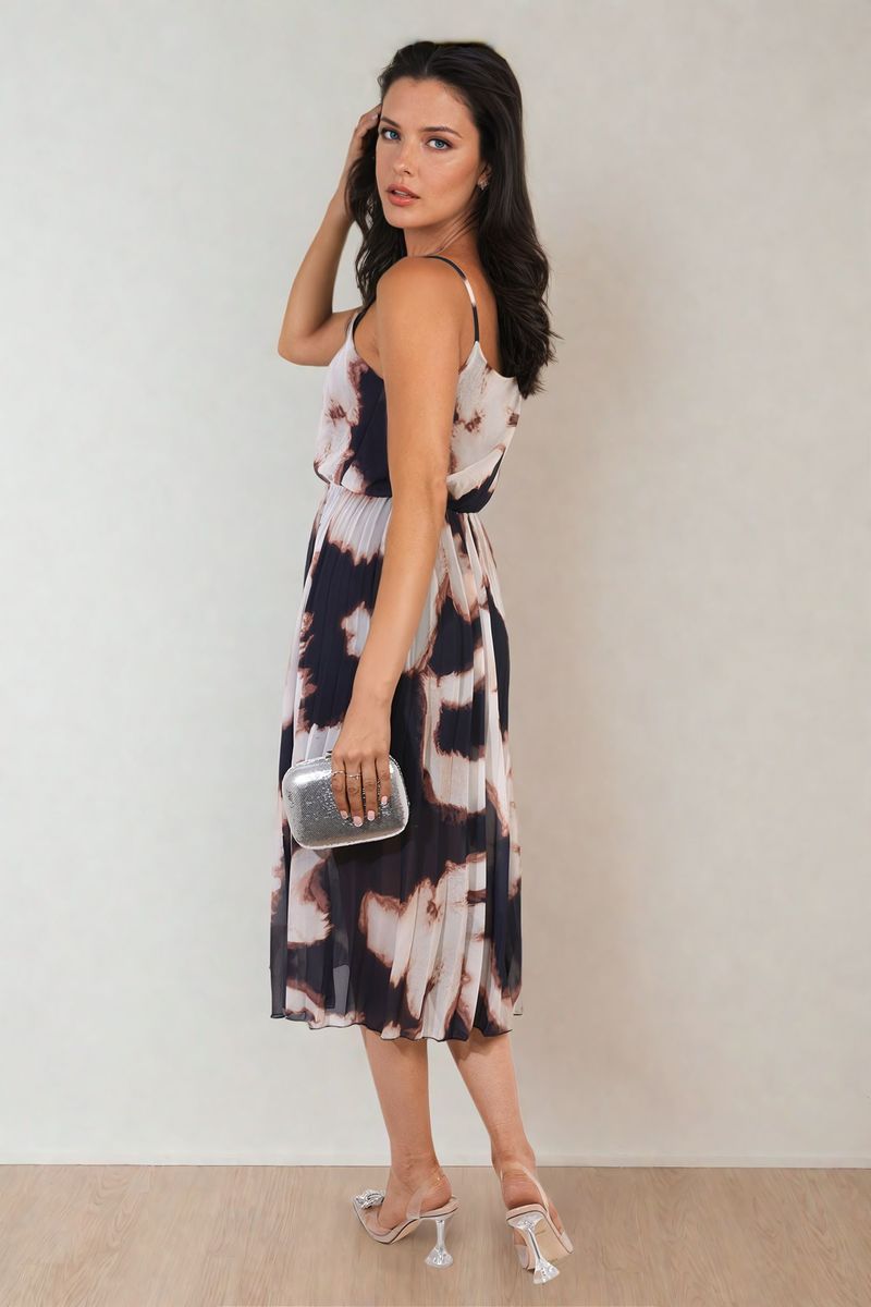 Printed Strappy Pleated Midi Dress