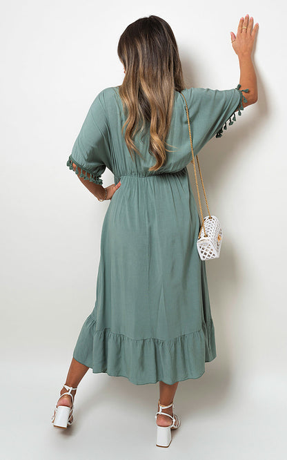 V-Neck Rope Tassel Detail Maxi Dress