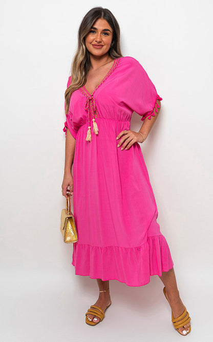 V-Neck Rope Tassel Detail Maxi Dress