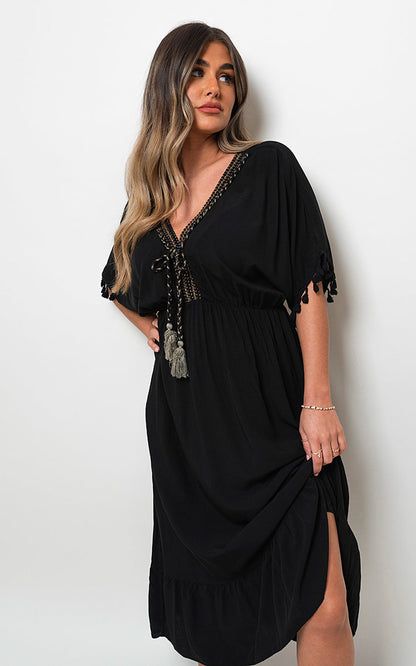 V-Neck Rope Tassel Detail Maxi Dress