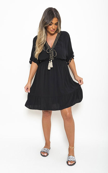 V-Neck Short Sleeve Midi Dress with Tassel Detail