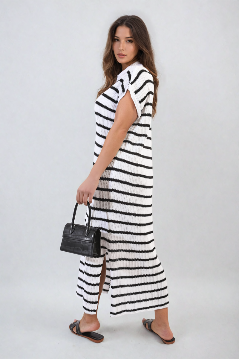 Stripe Knitted V Neck Midi Dress