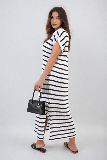 Stripe Knitted V Neck Midi Dress