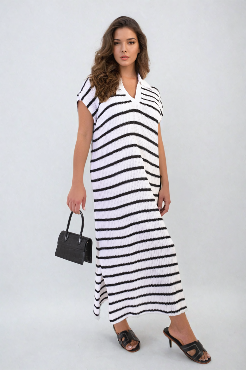 Stripe Knitted V Neck Midi Dress