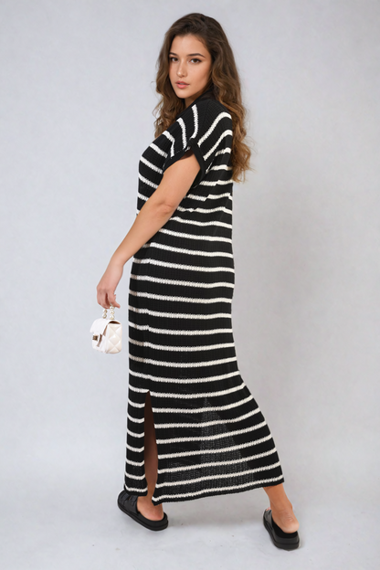 Stripe Knitted V Neck Midi Dress