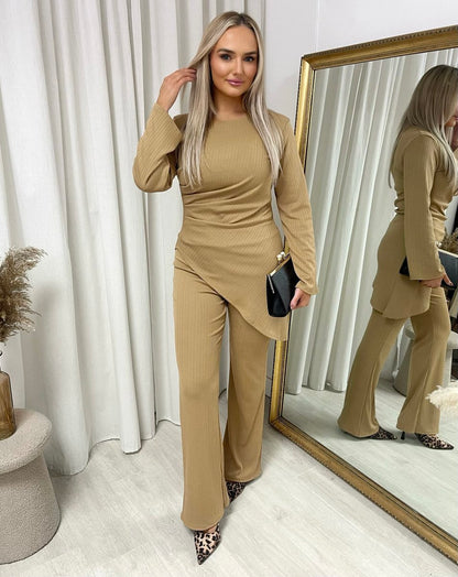 Asymmetric Long Sleeve Top and Flare Trouser Co-ord Set