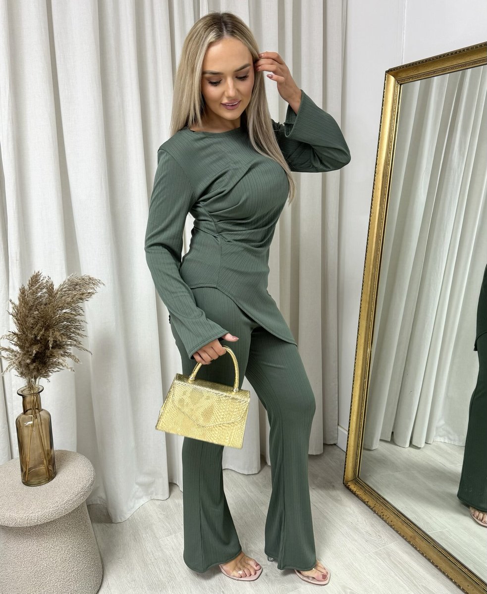 Asymmetric Long Sleeve Top and Flare Trouser Co-ord Set