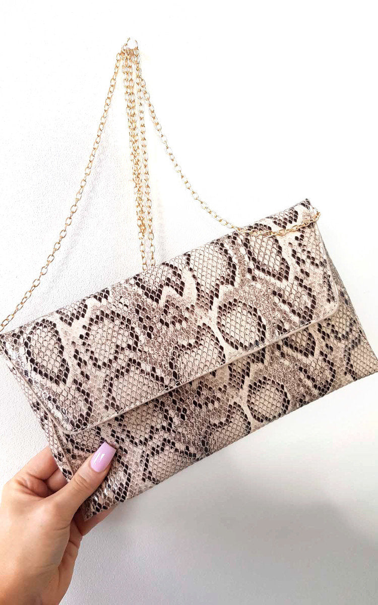 Snake Print Envelope Clutch Bag