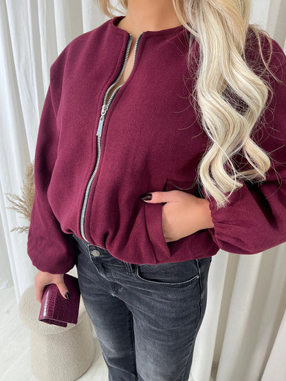 Cropped Zip Up Balloon Sleeve Bomber Jacket