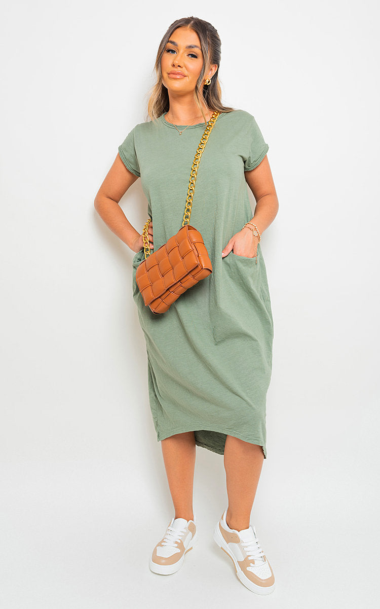 Front Pockets Short Sleeve Midi Dress