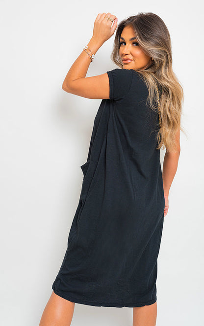 Front Pockets Short Sleeve Midi Dress