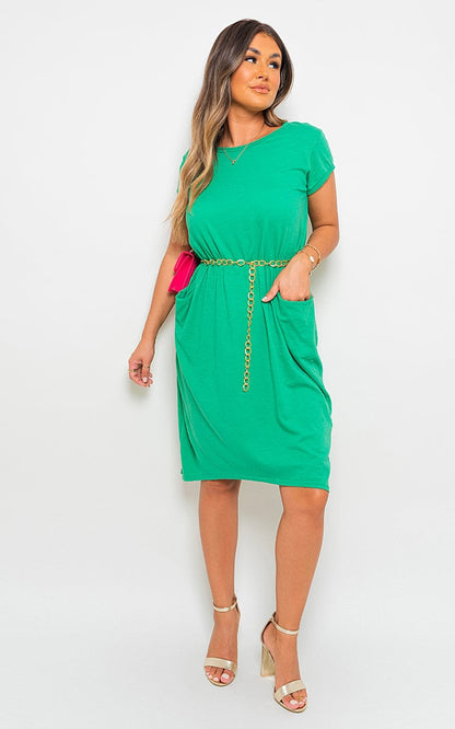 Front Pockets Short Sleeve Midi Dress