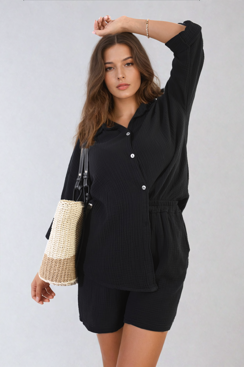 Oversized Button Front Shirt and Shorts Co-ord Set