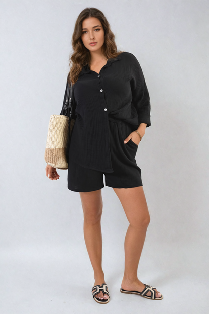 Oversized Button Front Shirt and Shorts Co-ord Set