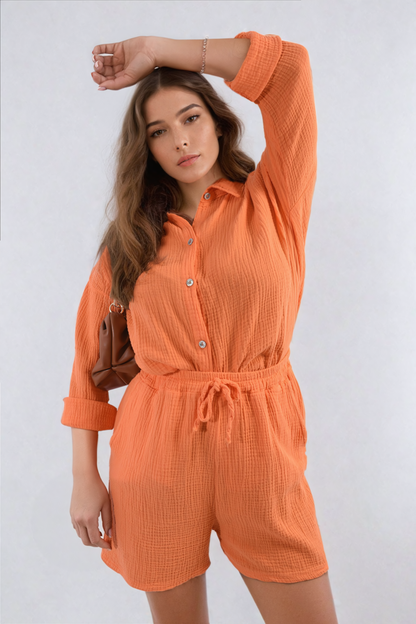 Oversized Button Front Shirt and Shorts Co-ord Set