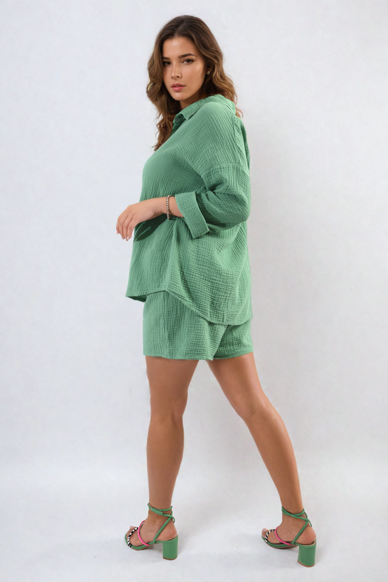 Oversized Button Front Shirt and Shorts Co-ord Set