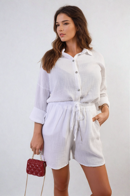 Oversized Button Front Shirt and Shorts Co-ord Set