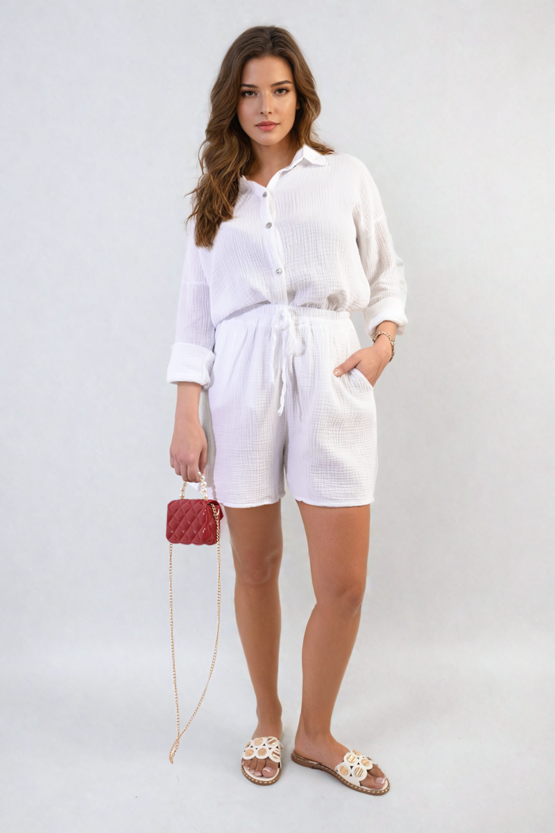 Oversized Button Front Shirt and Shorts Co-ord Set