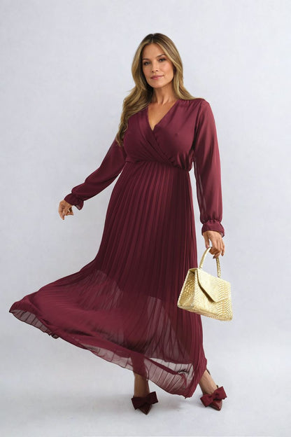 Long Sleeve V-Neck Pleated Maxi Dress