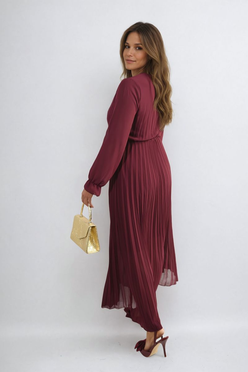 Long Sleeve V-Neck Pleated Maxi Dress