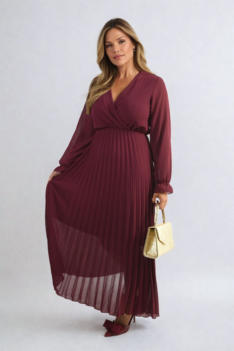 Long Sleeve V-Neck Pleated Maxi Dress