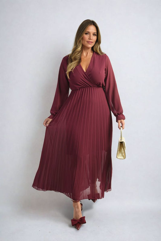 Long Sleeve V-Neck Pleated Maxi Dress