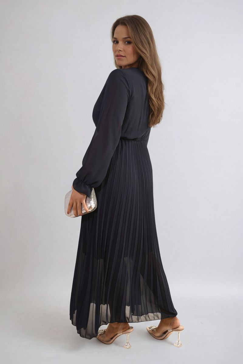 Long Sleeve V-Neck Pleated Maxi Dress