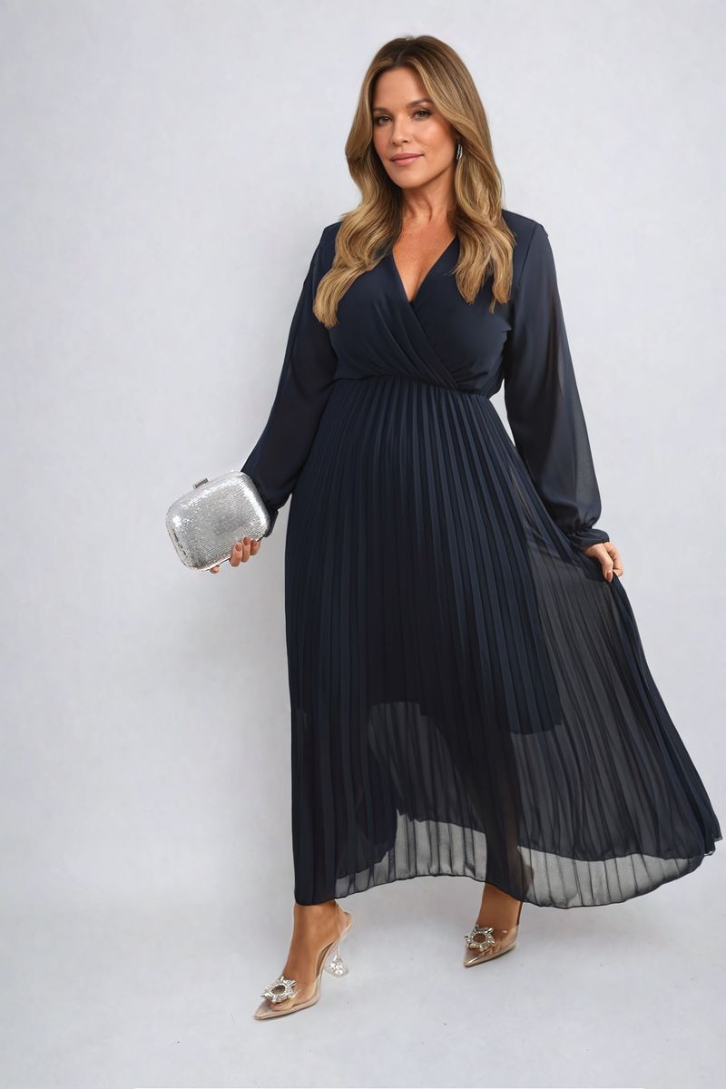 Long Sleeve V-Neck Pleated Maxi Dress